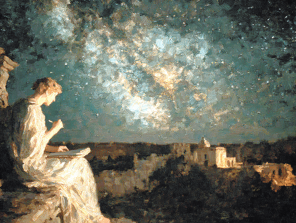 Painterly astronomer sketching constellations above a night landscape
